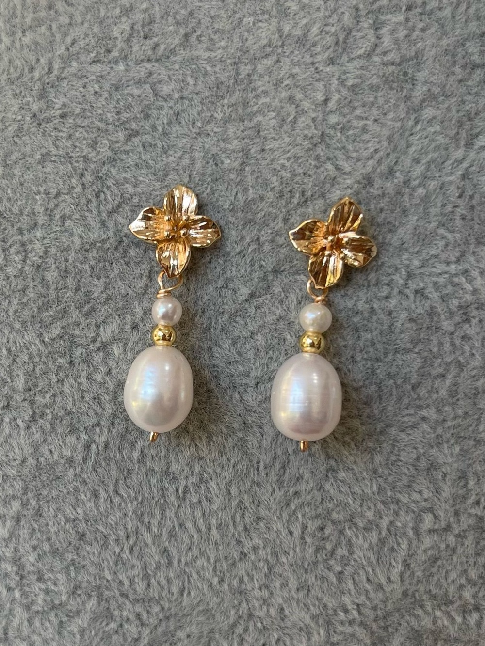 Gold Floral Freshwater Pearl Drop Earrings - 925 silver posts 30